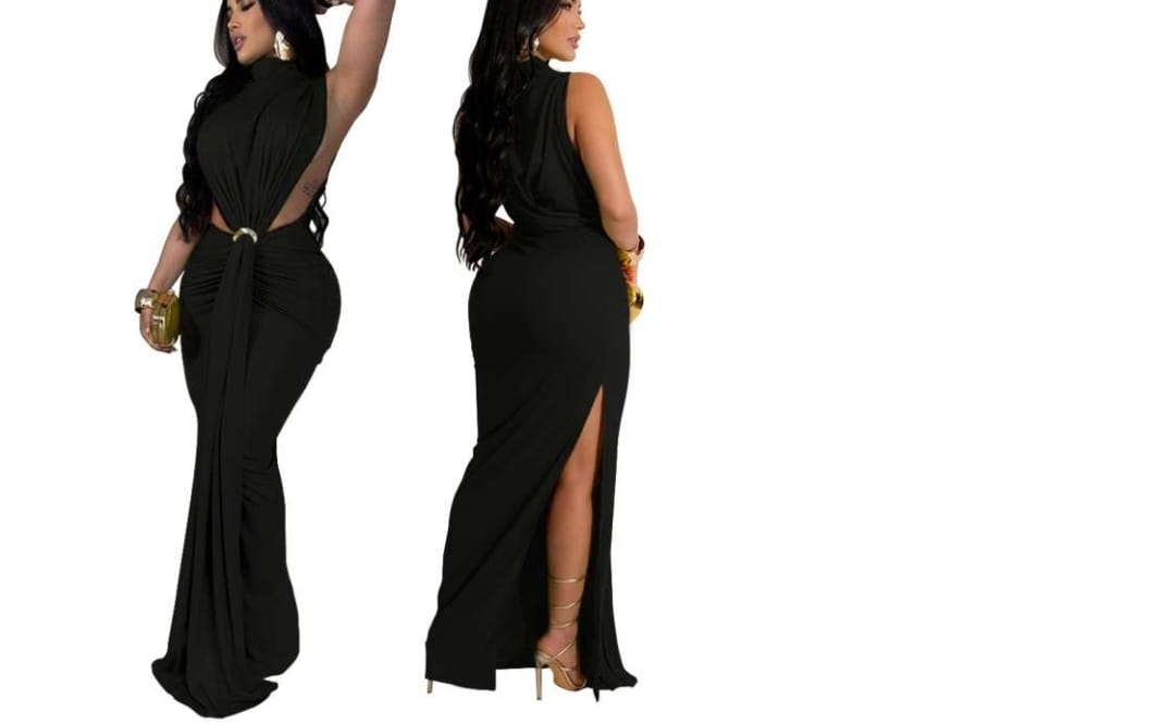 Solid Color Ruched Split Hem Sleeveless Maxi Dress