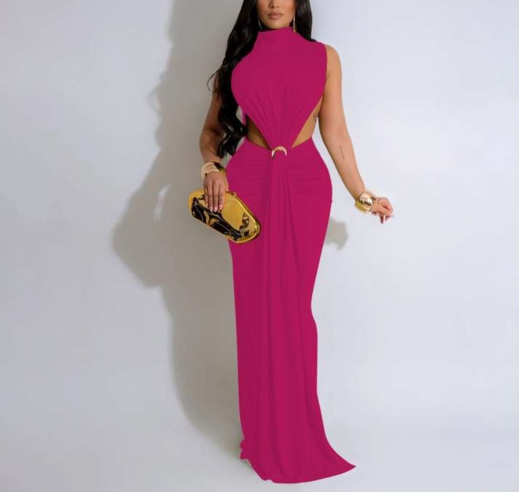 Solid Color Ruched Split Hem Sleeveless Maxi Dress