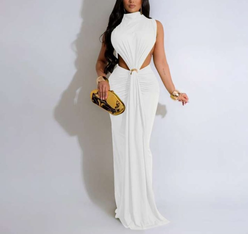 Solid Color Ruched Split Hem Sleeveless Maxi Dress