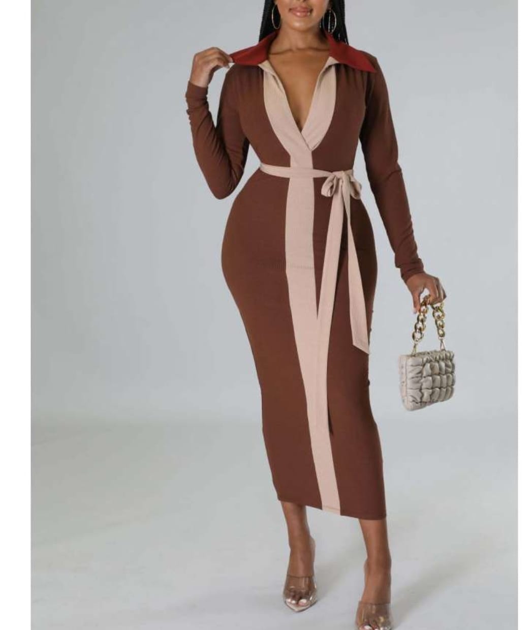 Rib Colorblock V Neck Bandage Maxi Dress