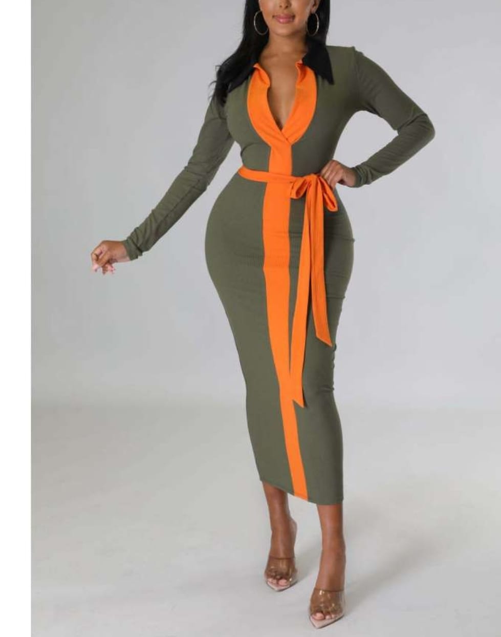 Rib Colorblock V Neck Bandage Maxi Dress