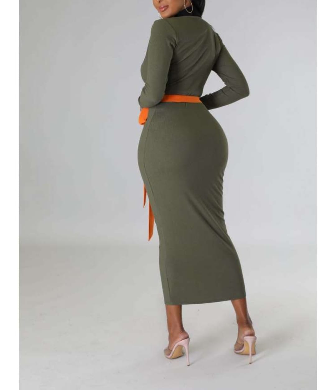 Rib Colorblock V Neck Bandage Maxi Dress