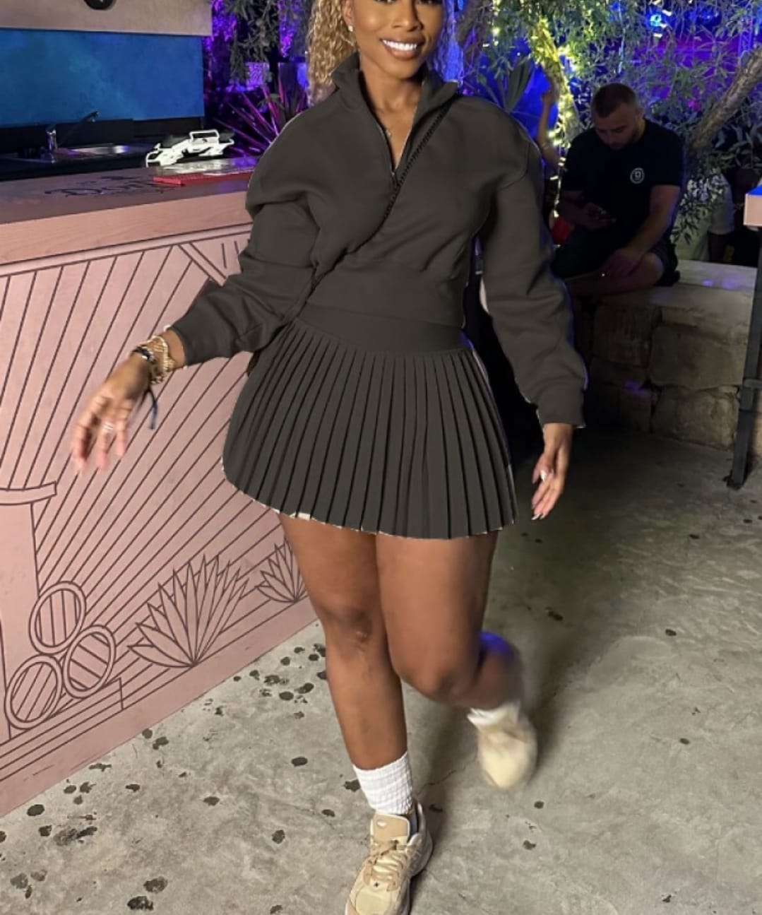 Plain Zipper Sweatshirt Pleated Skirt Sets
