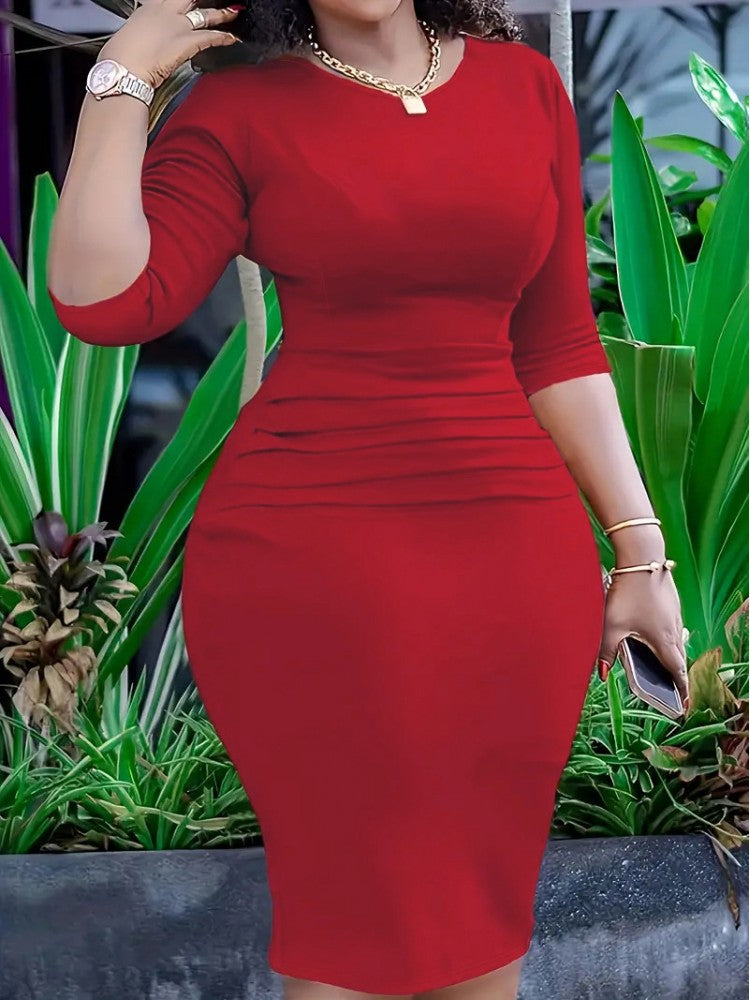 Plain Ruched Elbow Sleeve Midi Dress