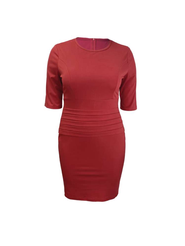 Plain Ruched Elbow Sleeve Midi Dress