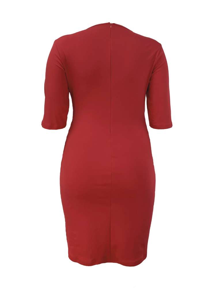 Plain Ruched Elbow Sleeve Midi Dress