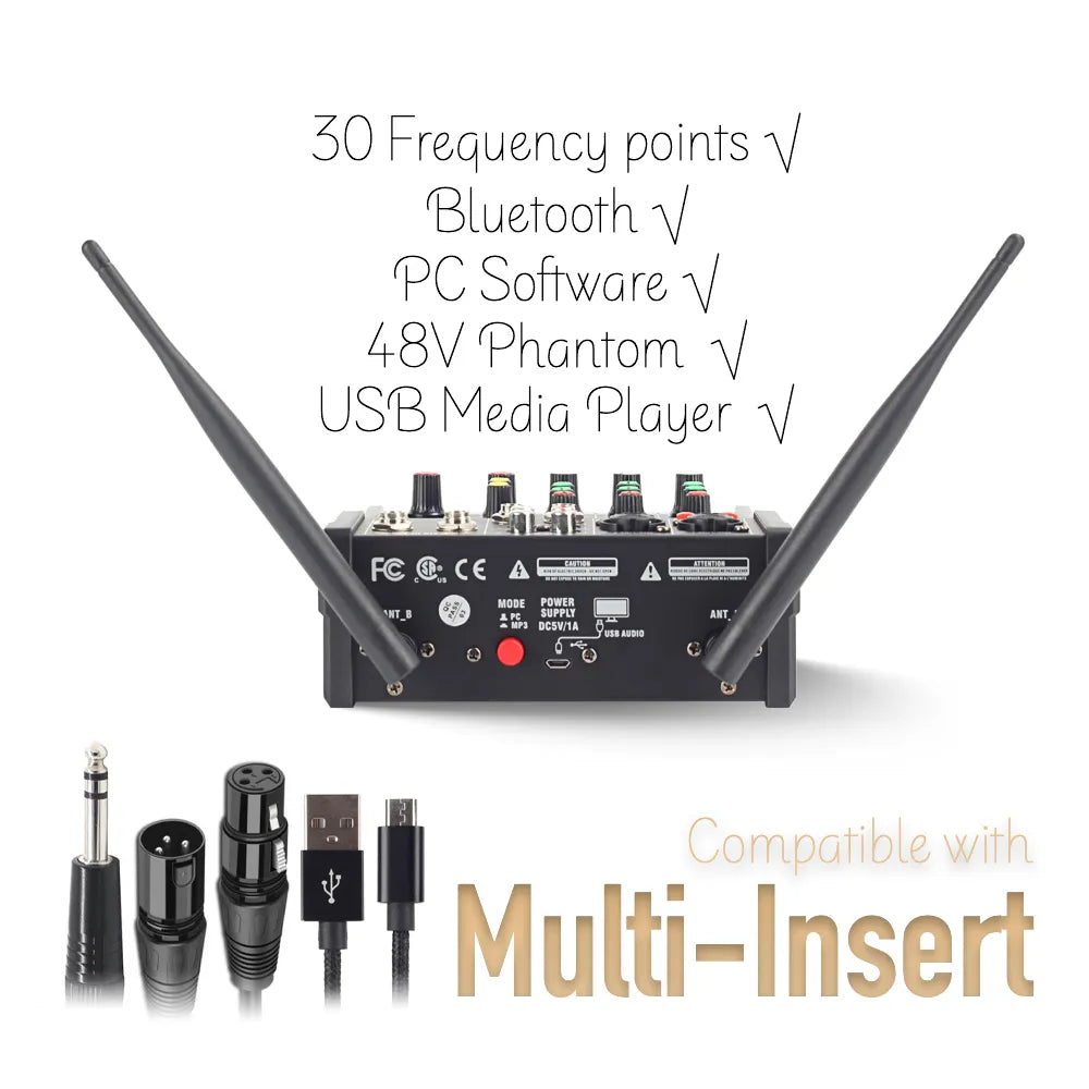 HISINGWELL Four-Channel Audio Dj Mixer with UHF Wireless Microphone, Bluetooth, USB and 48V Phantom Power. Suitable Recording