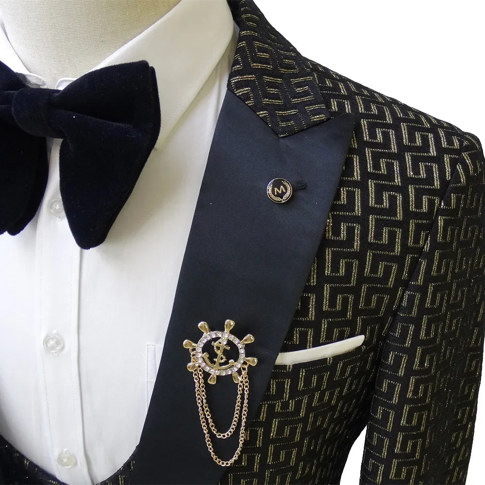 Black and White Men's Suit 3-piece Gold Palace Print Road Wedding