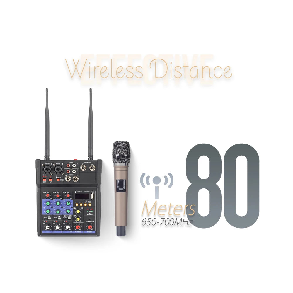 HISINGWELL Four-Channel Audio Dj Mixer with UHF Wireless Microphone, Bluetooth, USB and 48V Phantom Power. Suitable Recording