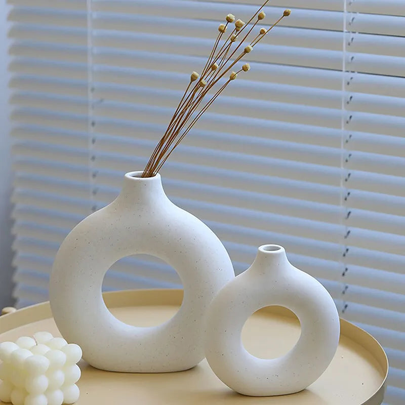 Creative Donut Ceramic Vase Floral Ornament Nordic Circular Hollow Flower