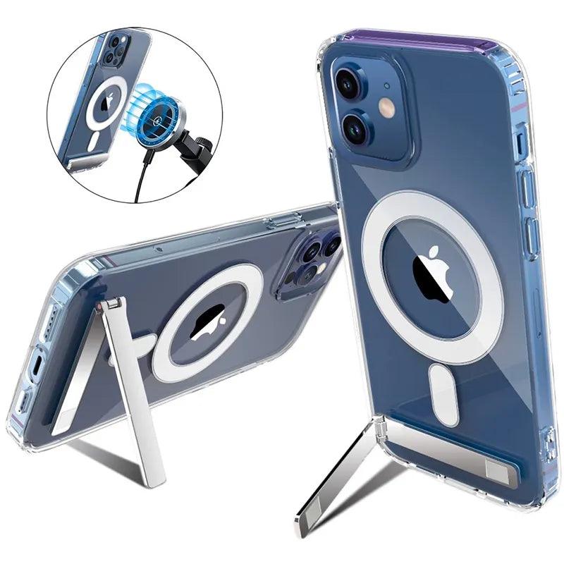 Clear Magnetic Phone Case for iPhone 15 14 Pro Max 13 12 11 Mini with Metal Kickstand for MagSafe Wireless Charging Back Cover
