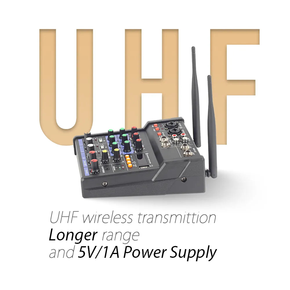HISINGWELL Four-Channel Audio Dj Mixer with UHF Wireless Microphone, Bluetooth, USB and 48V Phantom Power. Suitable Recording