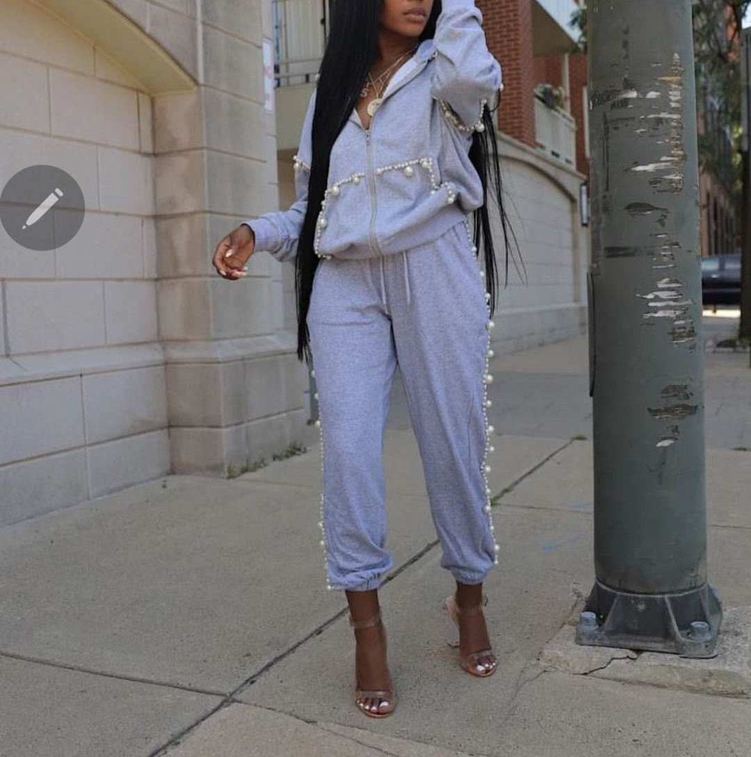 Faux Pearl Rivet Zipper Hooded Pant Sets