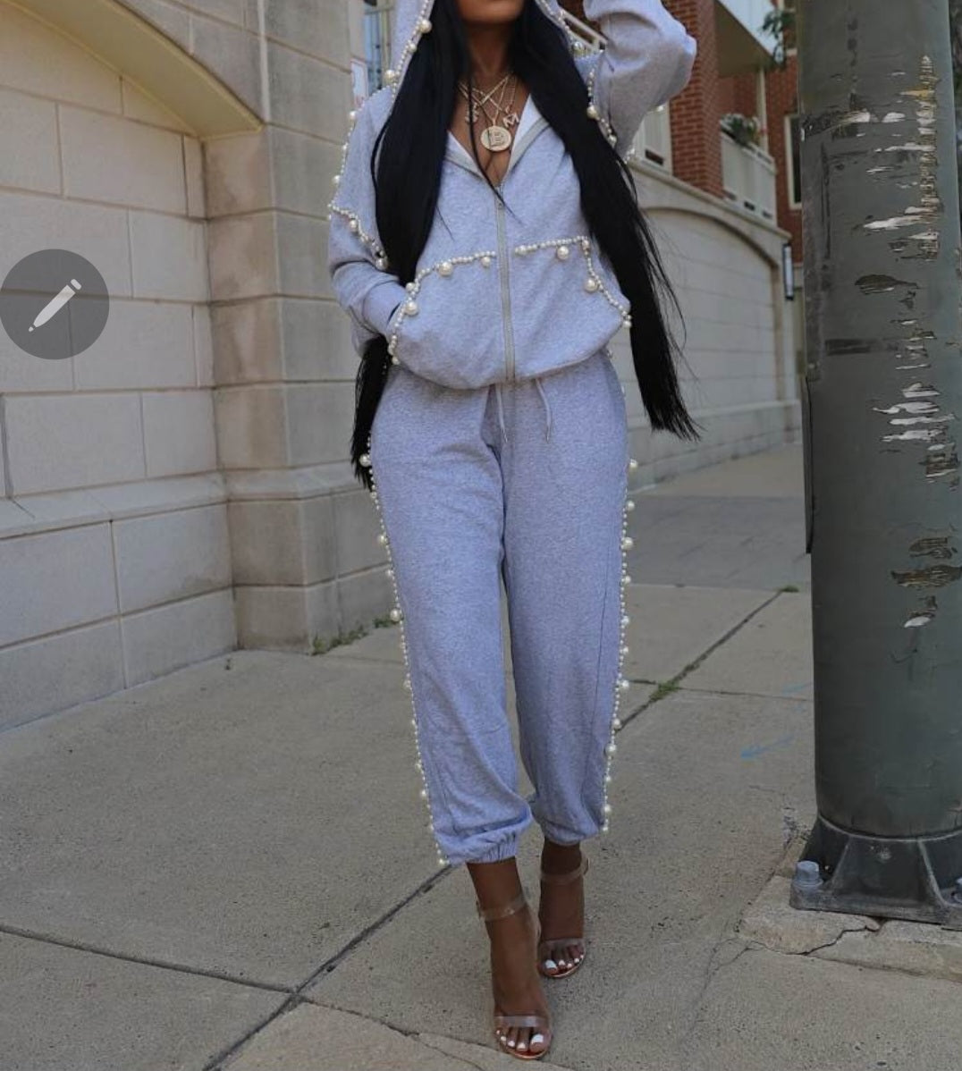 Faux Pearl Rivet Zipper Hooded Pant Sets