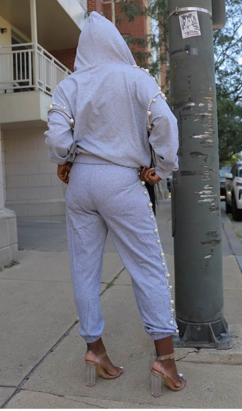 Faux Pearl Rivet Zipper Hooded Pant Sets