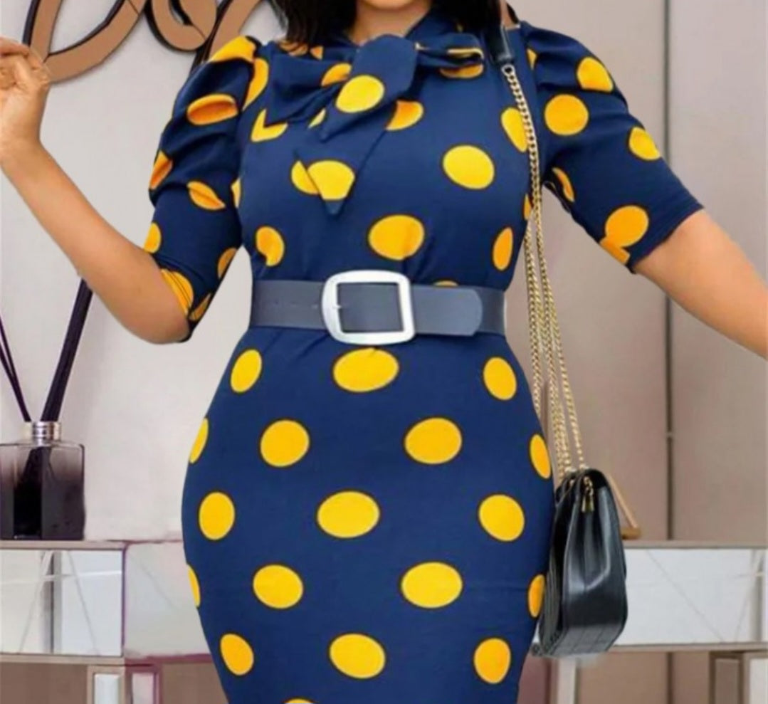 Colorblock Dots Ribbon Collar Split Hem Midi Dress