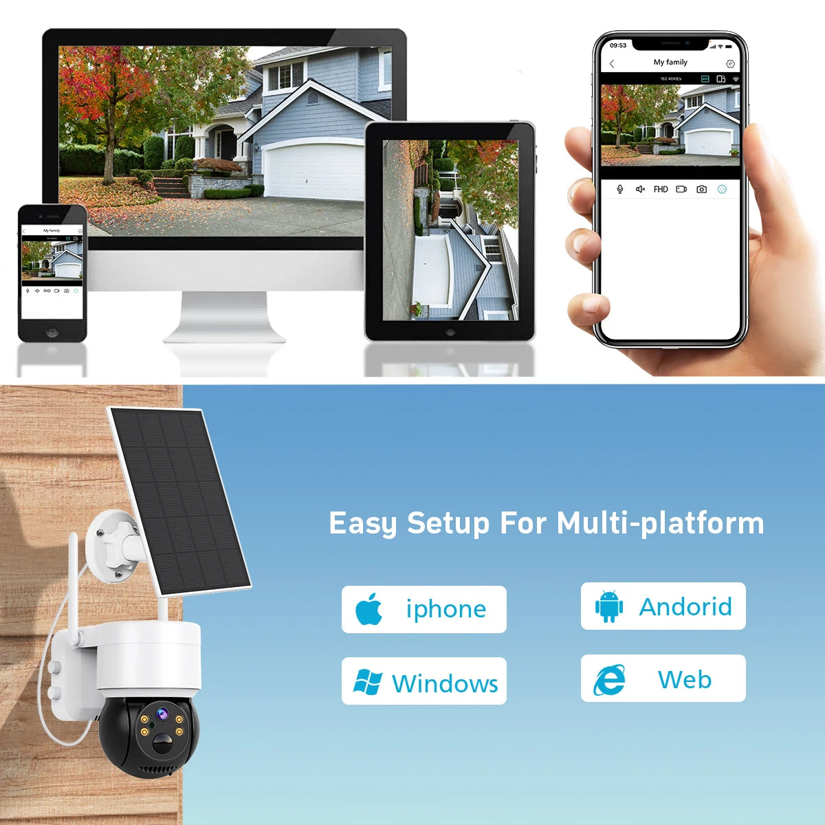 Solar Camera WIFI Outdoor HD Wireless Security CCTV Night Vision Human Detect PTZ Camera with Solar Panel