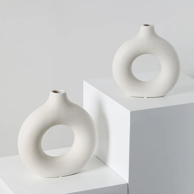 Creative Donut Ceramic Vase Floral Ornament Nordic Circular Hollow Flower