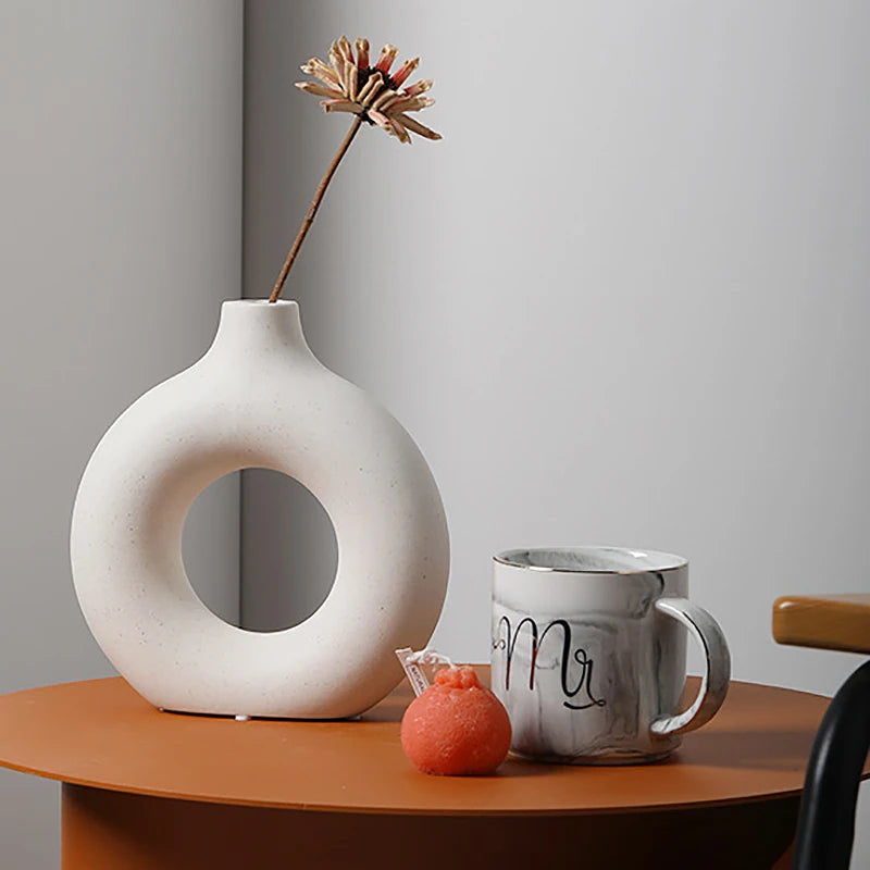 Creative Donut Ceramic Vase Floral Ornament Nordic Circular Hollow Flower