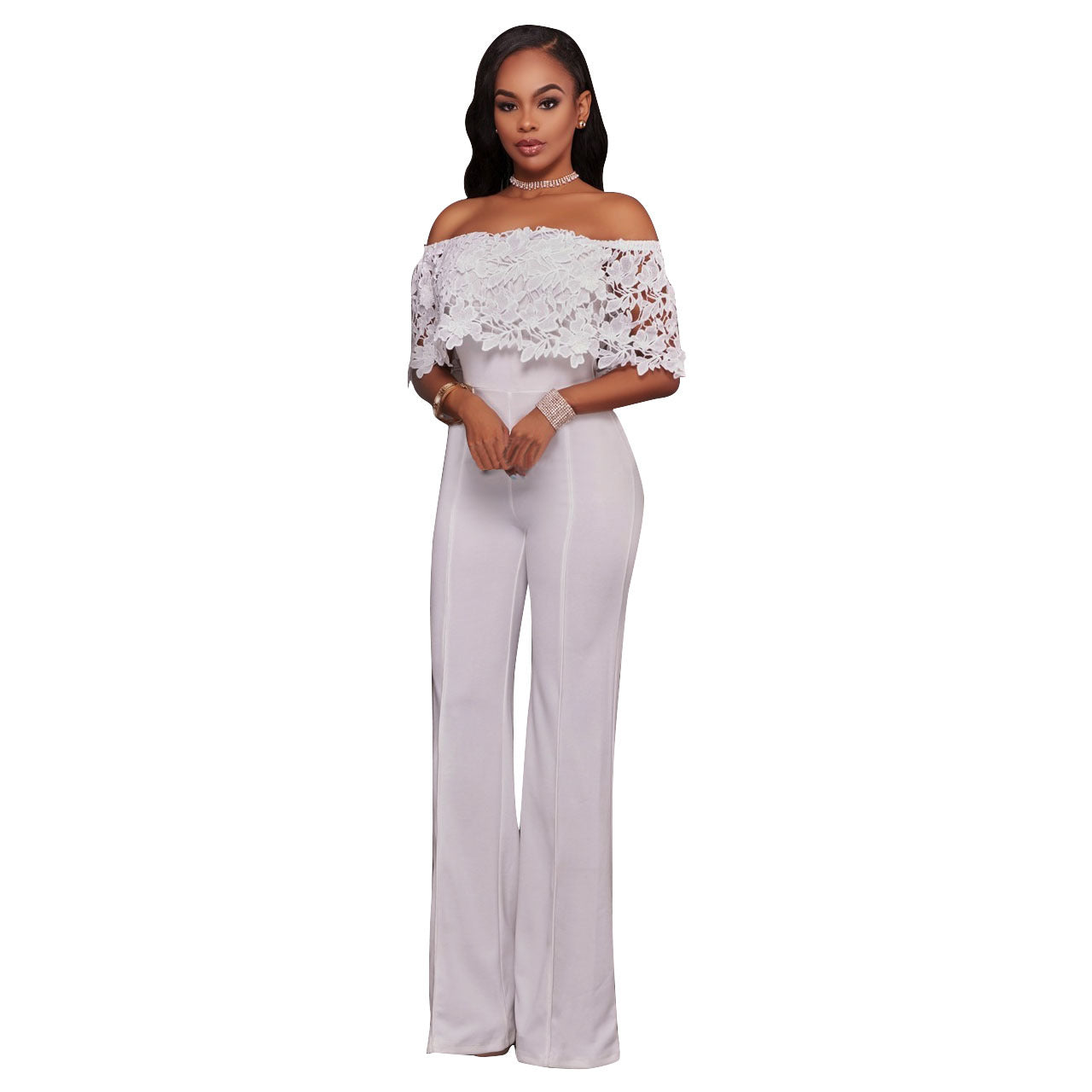 Tight One-neck Water-soluble Embroidered Jumpsuit