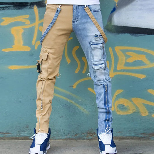 New Khaki Denim Blue Personalized Color-blocking Washed Jeans