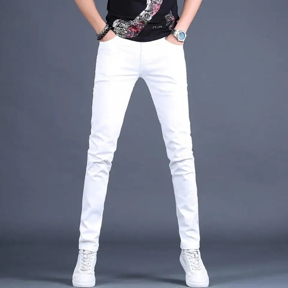 Korea  White Pants,Slim Style Low Stretch Cotton
