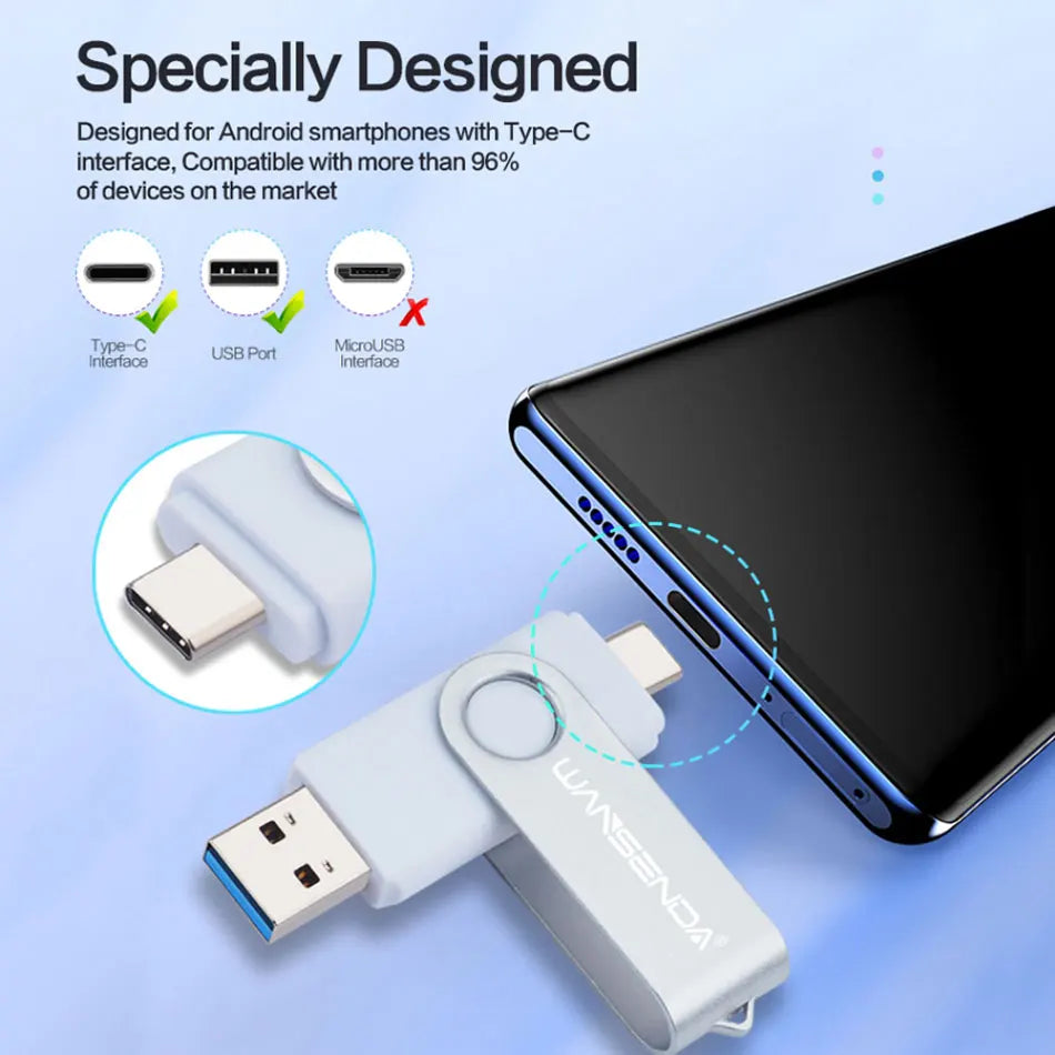 Wansenda USB Flash Drive 512GB 256GB USB 3.0 Pen Drive 128GB Cle USB Stick for Type C Android/PC 64GB Pendrive 32G