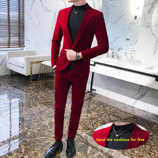 Elegant Wine Red Suits Mens Velvet Luxury Suits For Mens Groom Wedding Velour Suits Gentlemen Dress 2 pcs