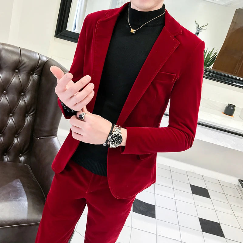 Elegant Wine Red Suits Mens Velvet Luxury Suits For Mens Groom Wedding Velour Suits Gentlemen Dress 2 pcs