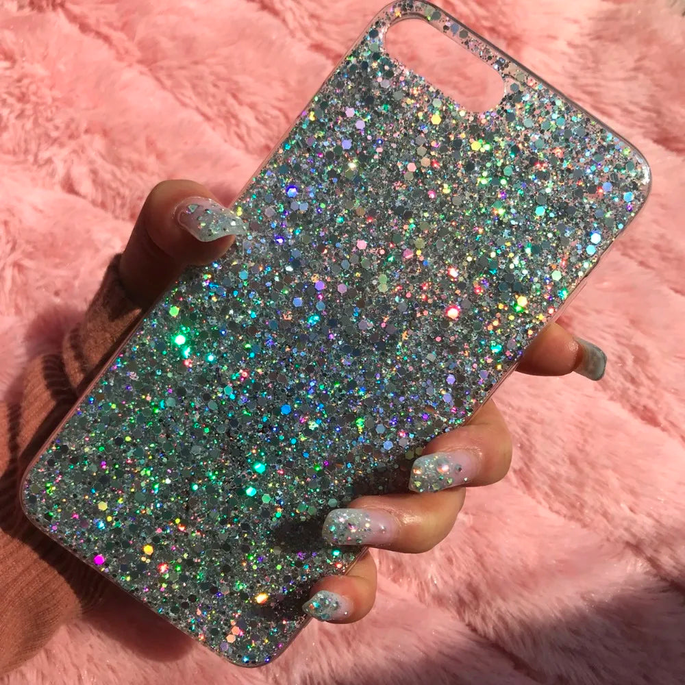 Glitter Phone Case For iPhone 13 12 11 14 15 Pro Max Luxury Soft Epoxy Crystal Cover For iPhone XR XS 7 8 Plus SE Sequins Funda