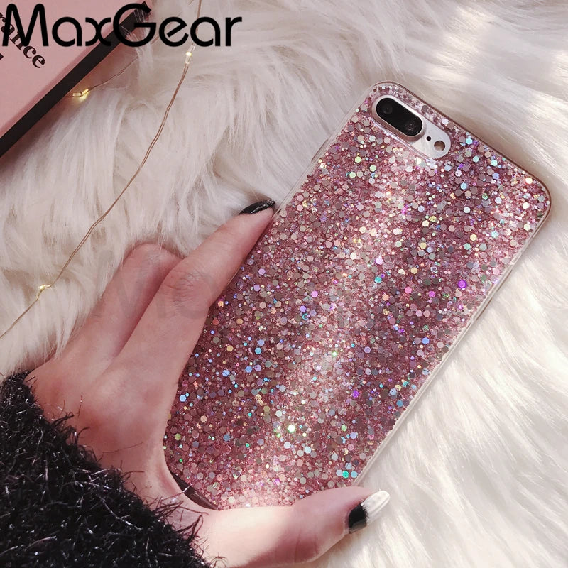 Glitter Phone Case For iPhone 13 12 11 14 15 Pro Max Luxury Soft Epoxy Crystal Cover For iPhone XR XS 7 8 Plus SE Sequins Funda