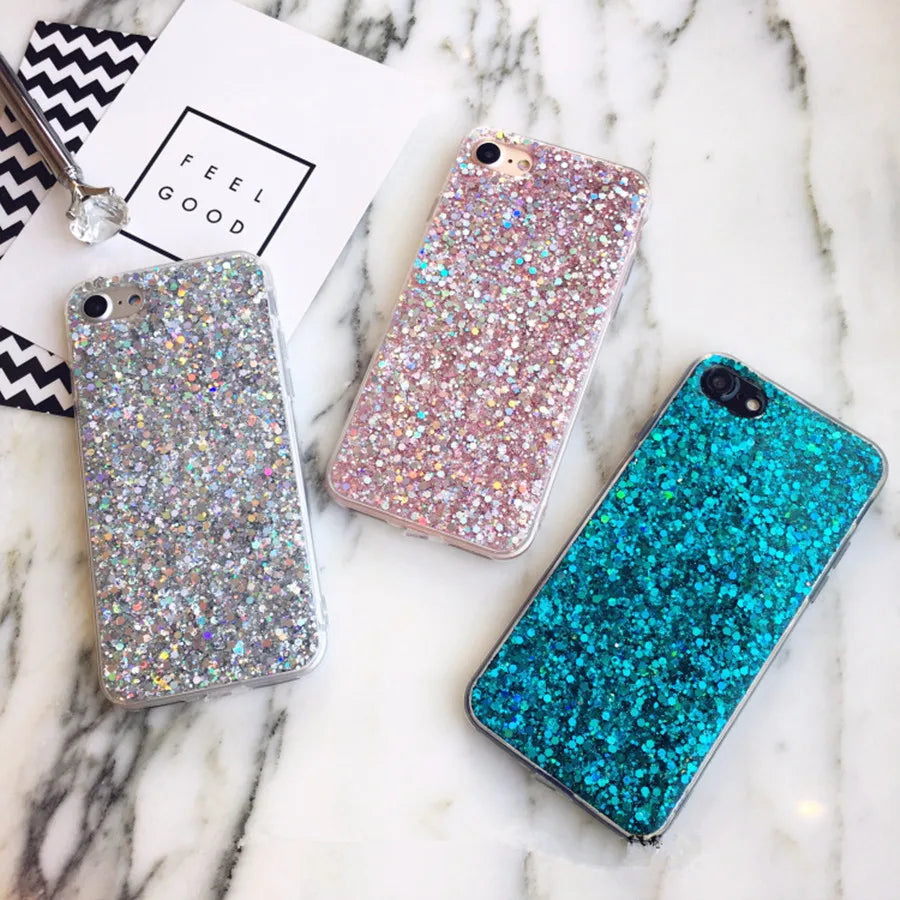 Glitter Phone Case For iPhone 13 12 11 14 15 Pro Max Luxury Soft Epoxy Crystal Cover For iPhone XR XS 7 8 Plus SE Sequins Funda