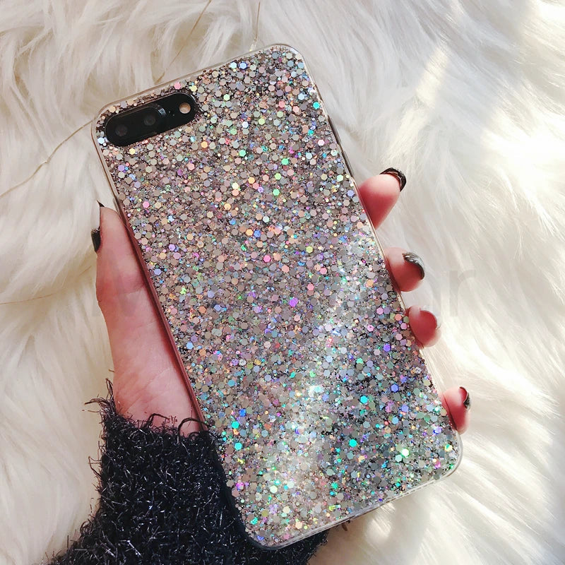 Glitter Phone Case For iPhone 13 12 11 14 15 Pro Max Luxury Soft Epoxy Crystal Cover For iPhone XR XS 7 8 Plus SE Sequins Funda