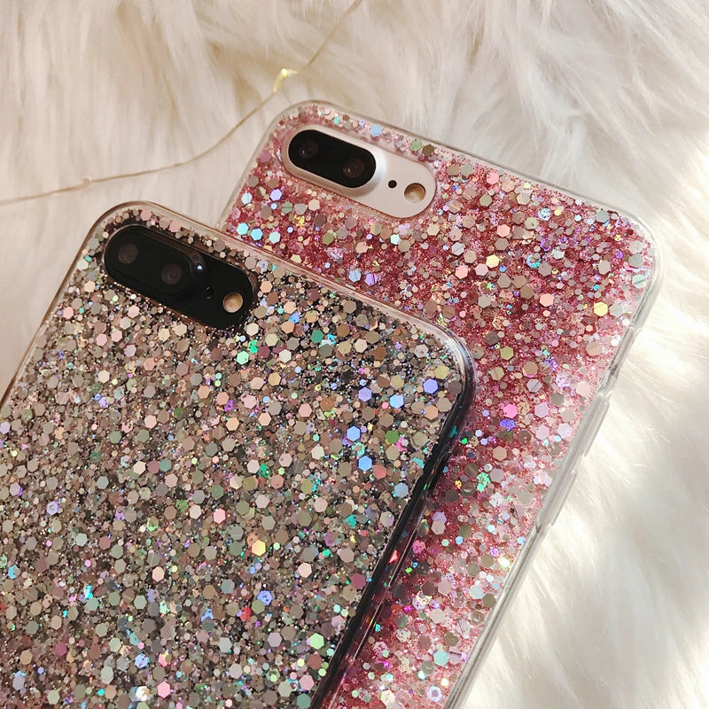 Glitter Phone Case For iPhone 13 12 11 14 15 Pro Max Luxury Soft Epoxy Crystal Cover For iPhone XR XS 7 8 Plus SE Sequins Funda