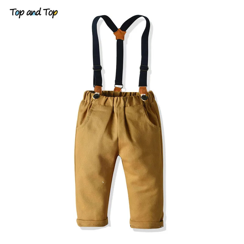 Top and Top Boys Clothing Sets Springs Autumn New Kids Boys Long Sleeve Plaid Bowtie Tops+Suspender Pants Casual Clothes Outfit
