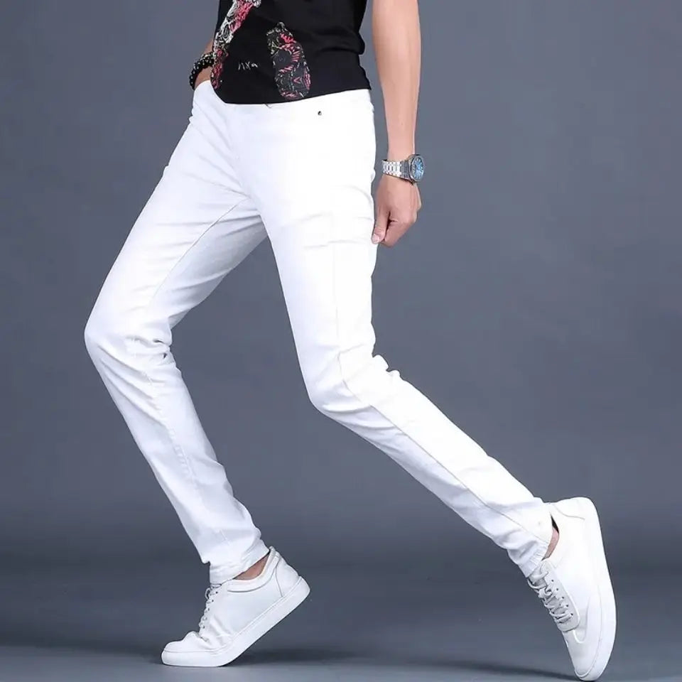 Korea  White Pants,Slim Style Low Stretch Cotton