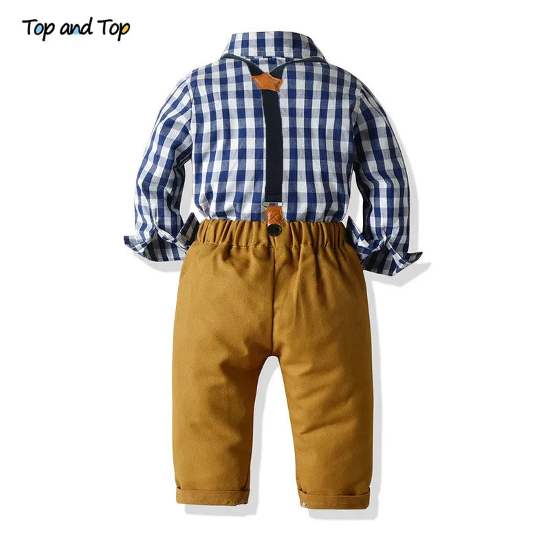 Top and Top Boys Clothing Sets Springs Autumn New Kids Boys Long Sleeve Plaid Bowtie Tops+Suspender Pants Casual Clothes Outfit