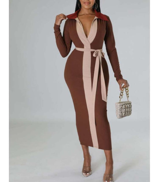 Rib Colorblock V Neck Bandage Maxi Dress