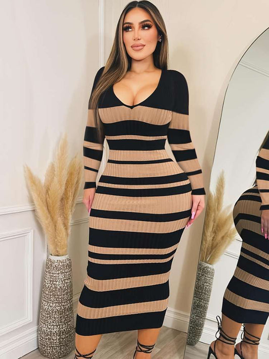 Rib Striped V Neck Bodycon Maxi Dress