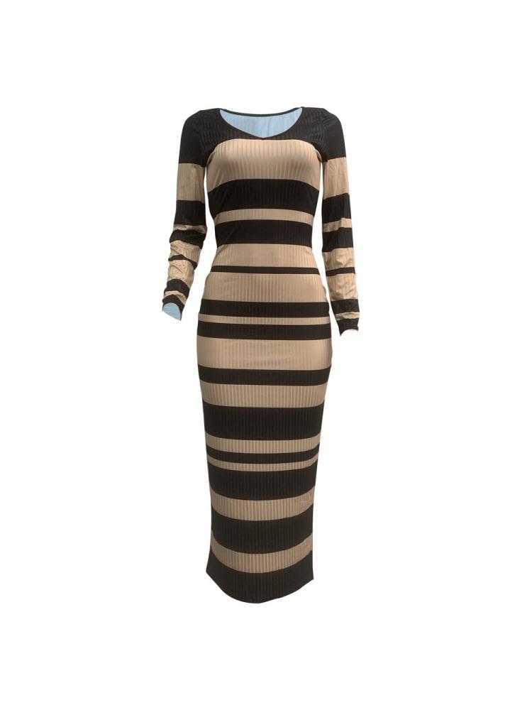 Rib Striped V Neck Bodycon Maxi Dress