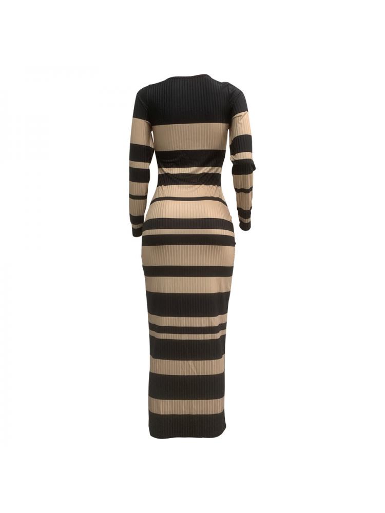 Rib Striped V Neck Bodycon Maxi Dress