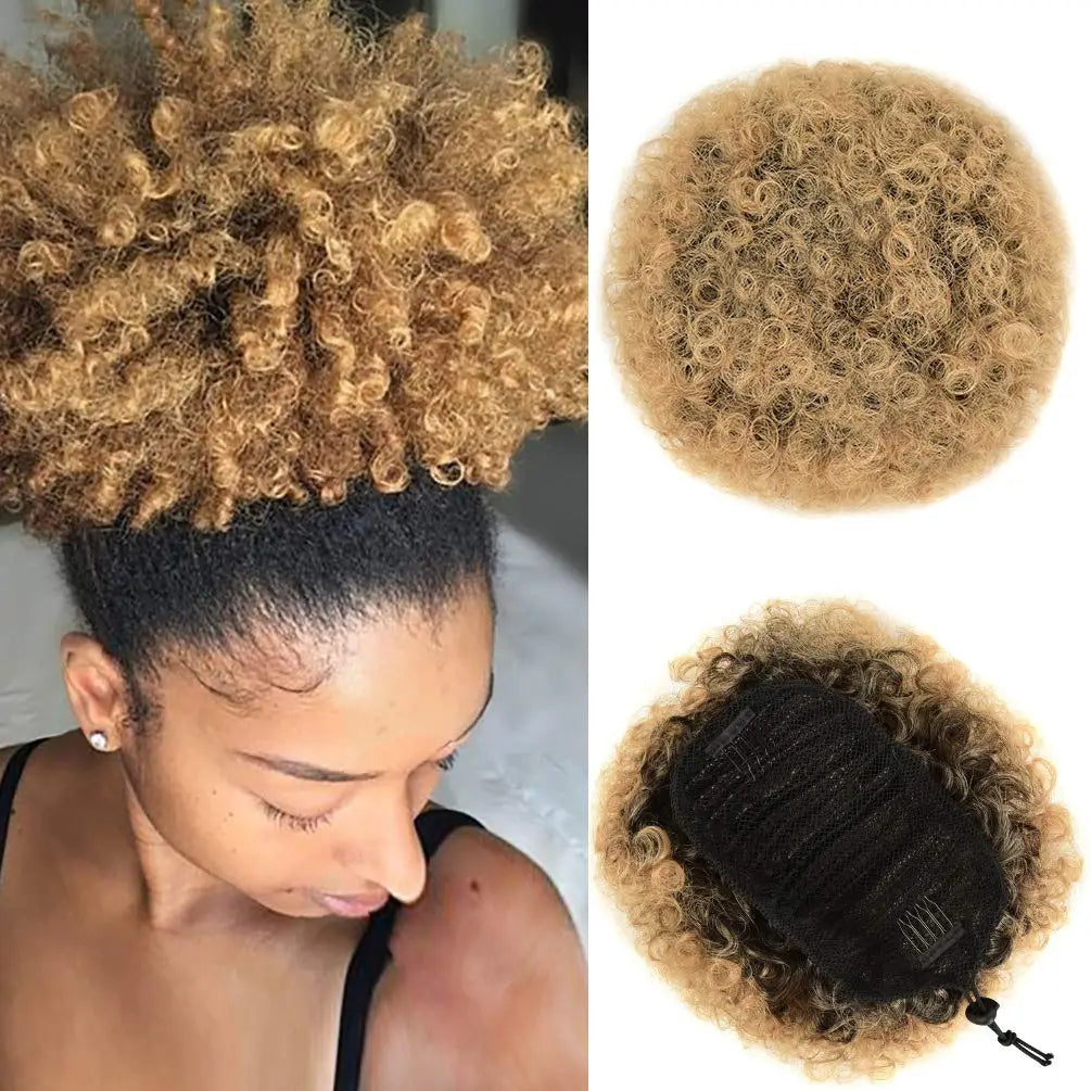 Afro Puff Drawstring Ponytail Synthetic Hair Extension Ombre Honey Colored Blonde Clip On Kinky Drawstring Curly Ponytail