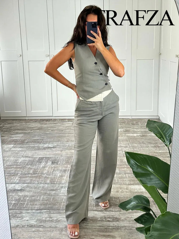 Autumn Women Solid Pants Suit Asymmetric Sleeveless Single Breasted Vest Tops+Casual High Waist Loose Tousers 2 Piece Set