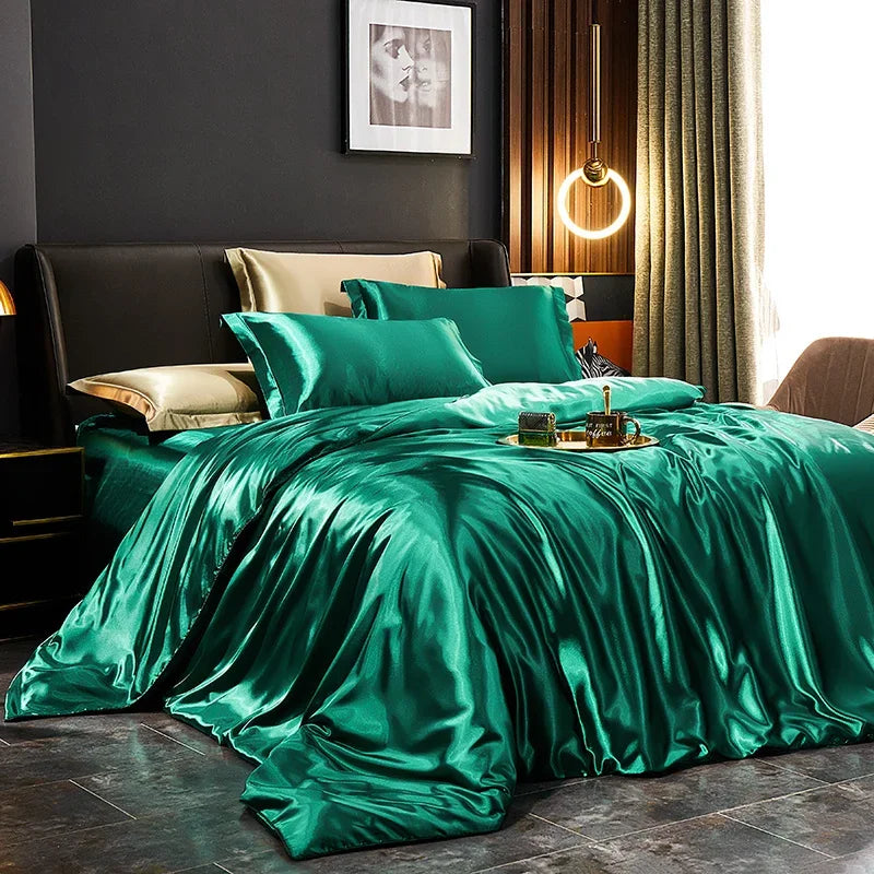 Solid Silk Bedding Set with Duvet Cover Bed Sheet Pillowcases Luxury Satin Single Double Bedsheet King Queen Twin Size