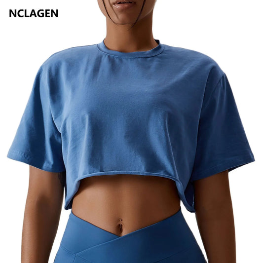 NCLAGEN Casual T-shirt Cotton Women Short Sleeve Dance Sports Running Clothes Yoga Fitness Crop Top Loose Gym Workout Shirts