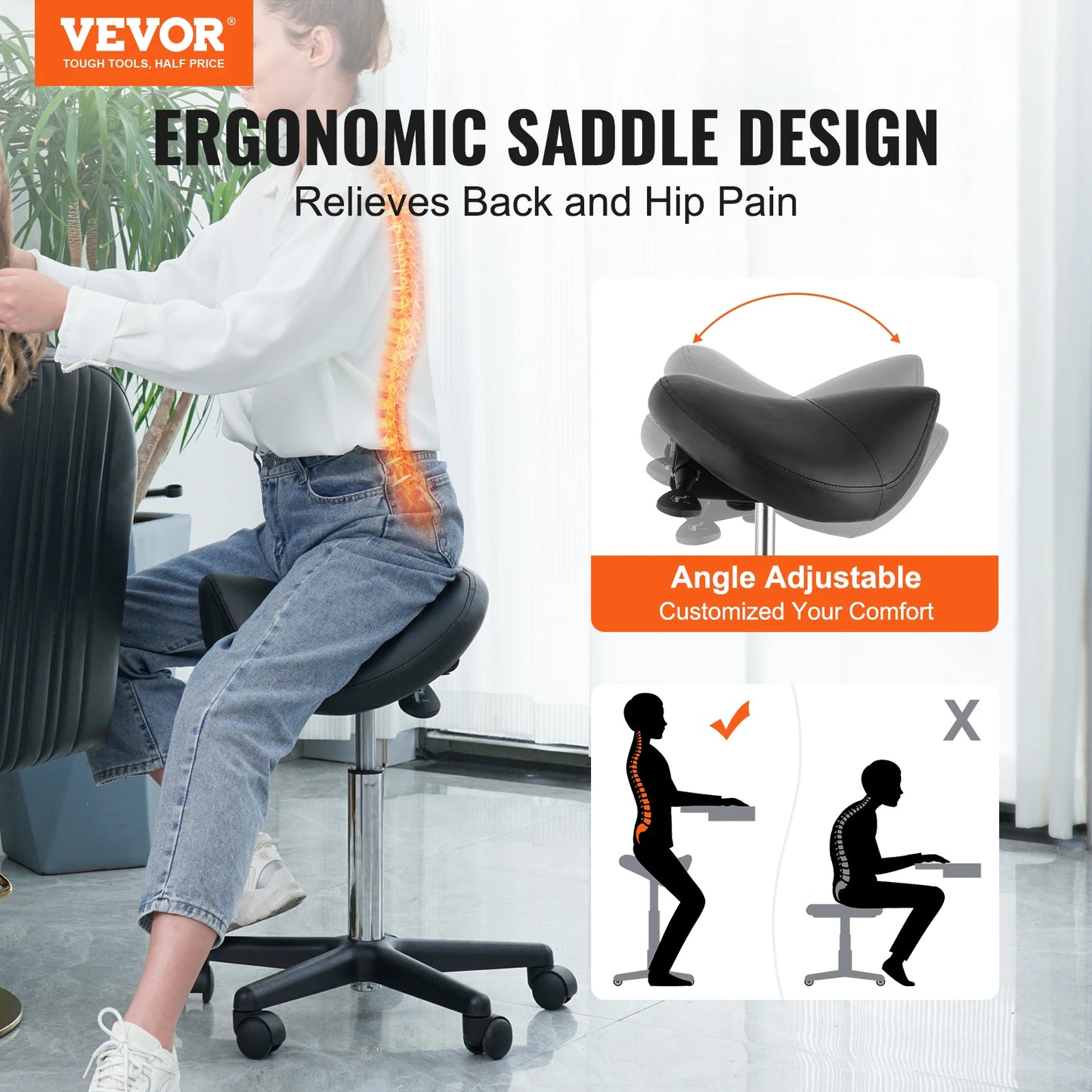 VEVOR Ergonomic Saddle Stool with 5 Swivel Casters 360° Rotation 20.1-28 in Height Adjustable Round Stool for Bar Salon Office