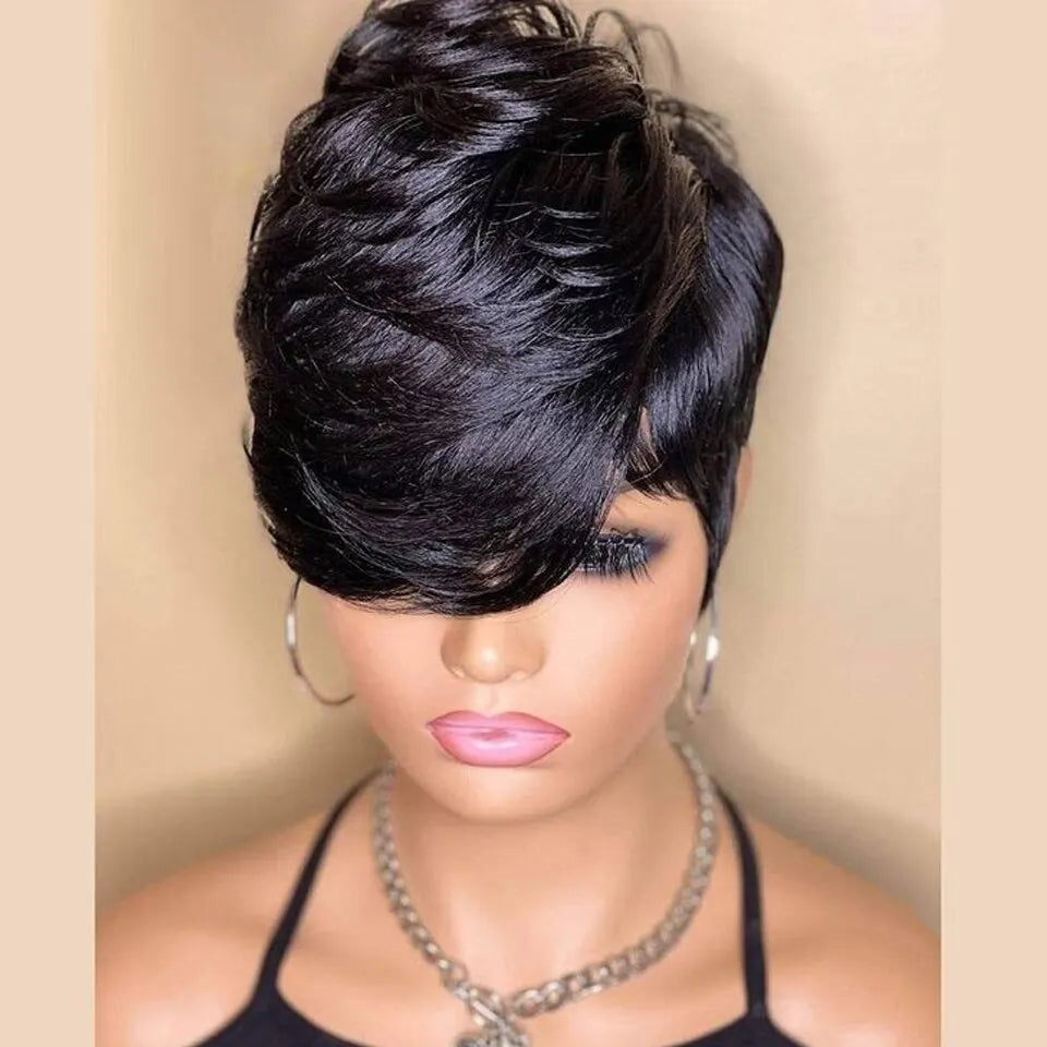 Short Pixie Cut Wigs Full Machine Made Wig With Bangs Dovetail Straight Glueless Remy Human Hair Mullet Wigs For Women