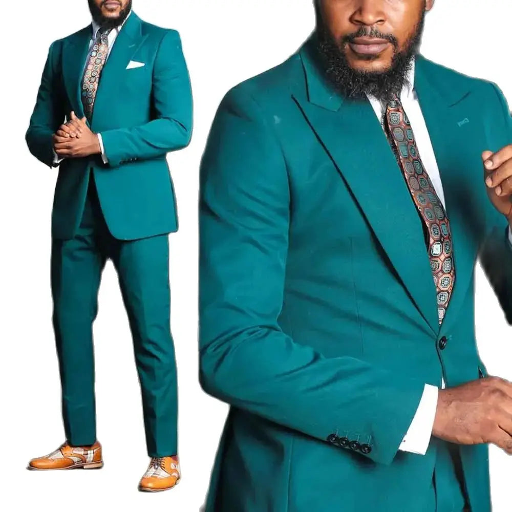 STEVDITG Green Men's Suits 2 Piece Jacket Pants Peaked Lapel Single Breasted Prom Blazer Full Set Slim Fit Luxury Costume