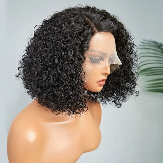 Short Kinky Curly Bob Human Hair Wig Pre Plucked T Part Lace Peruvian Curly Human Hair Bob Wigs For Women