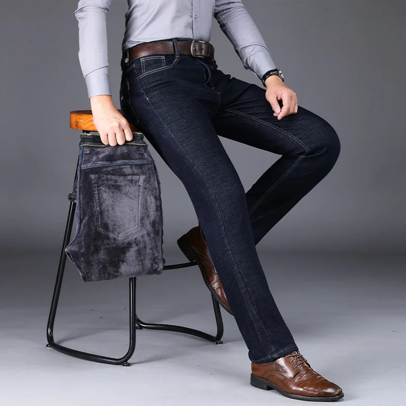 New Men's Fleece Warm Jeans Classic Style